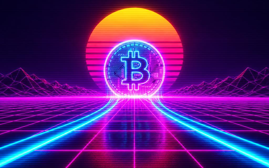 A neon bitcoin coin rising over a glowing grid horizon